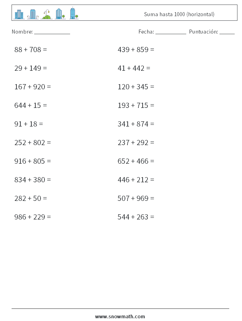 (20) Suma hasta 1000 (horizontal) Hojas de trabajo de matemáticas 9