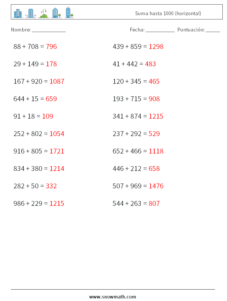 (20) Suma hasta 1000 (horizontal) Hojas de trabajo de matemáticas 9 Pregunta, respuesta