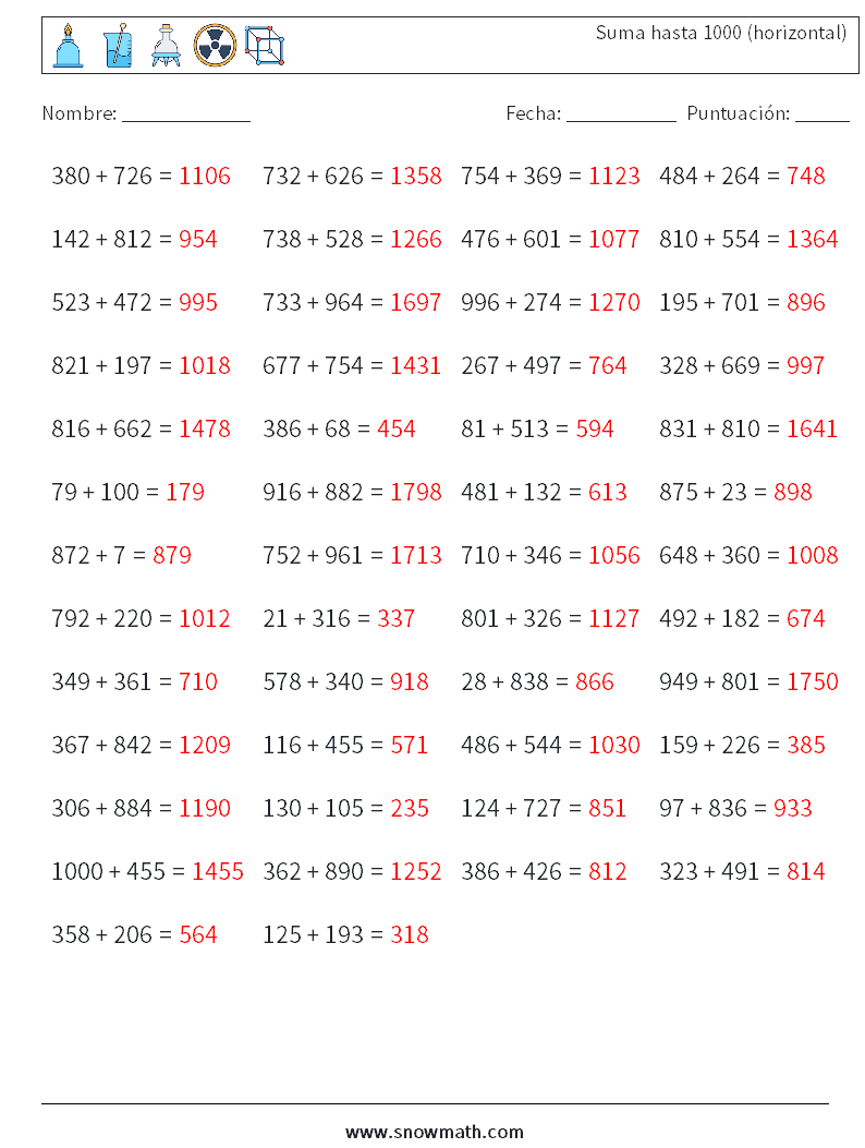 (50) Suma hasta 1000 (horizontal) Hojas de trabajo de matemáticas 1 Pregunta, respuesta