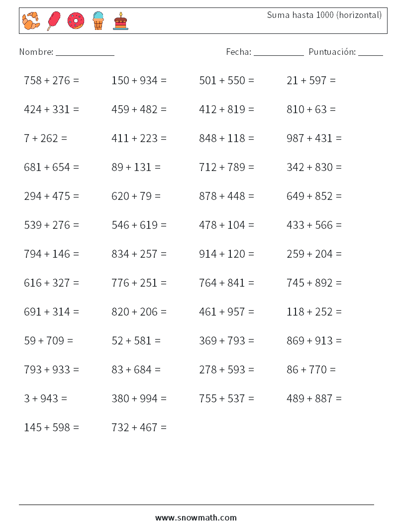 (50) Suma hasta 1000 (horizontal) Hojas de trabajo de matemáticas 2
