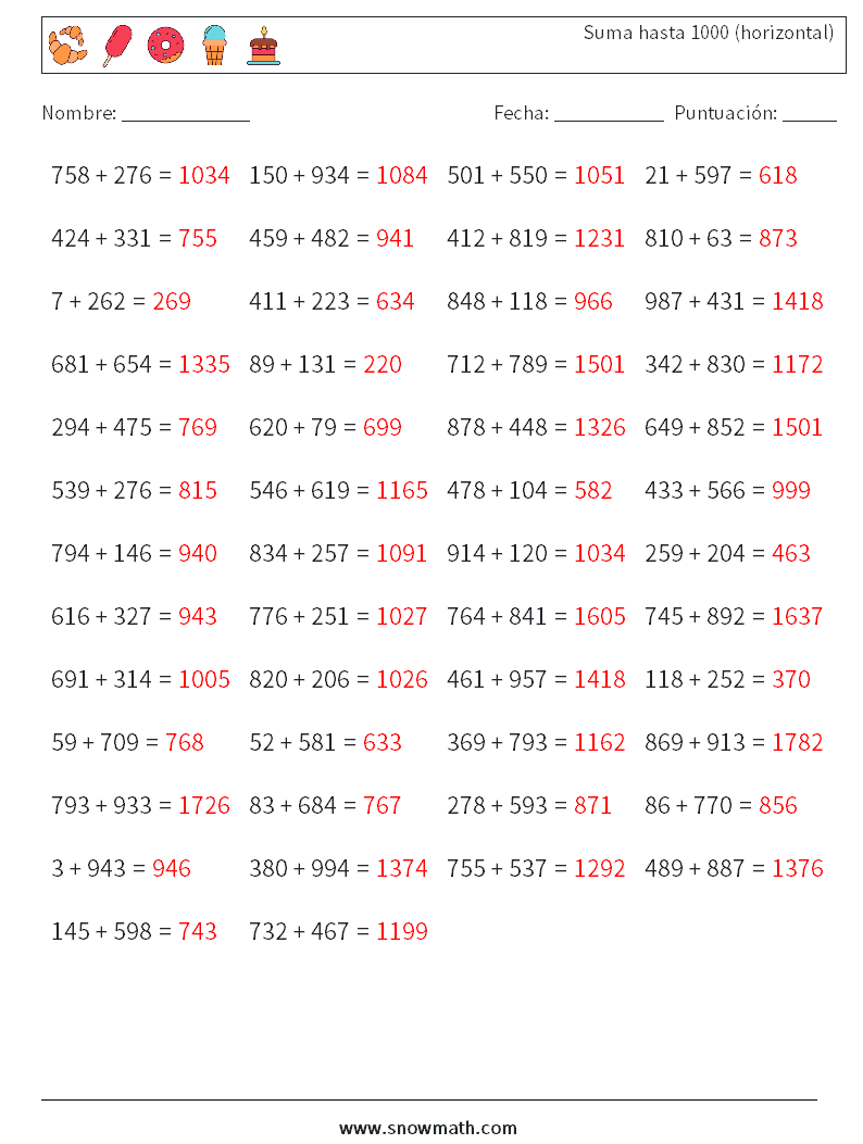 (50) Suma hasta 1000 (horizontal) Hojas de trabajo de matemáticas 2 Pregunta, respuesta
