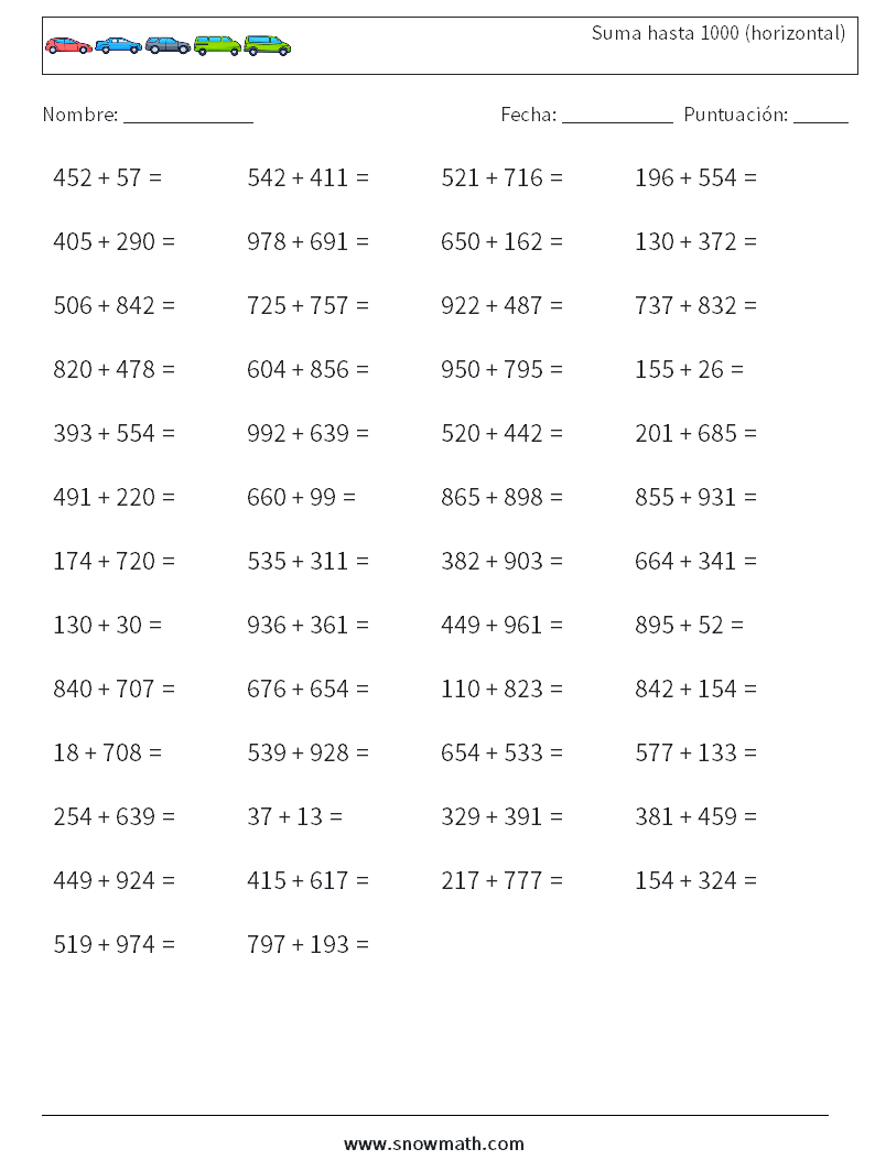(50) Suma hasta 1000 (horizontal) Hojas de trabajo de matemáticas 3