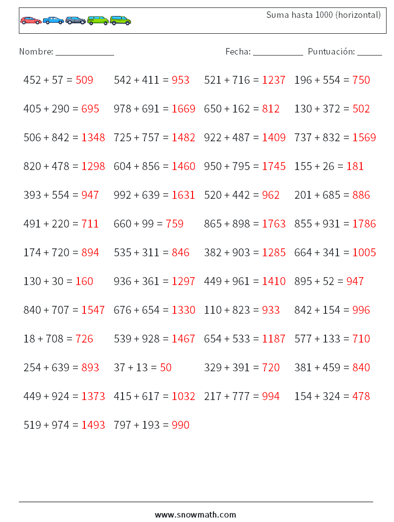 (50) Suma hasta 1000 (horizontal) Hojas de trabajo de matemáticas 3 Pregunta, respuesta