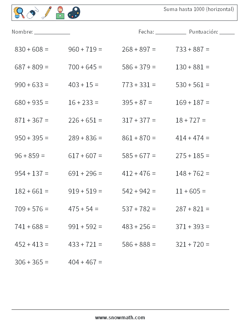 (50) Suma hasta 1000 (horizontal) Hojas de trabajo de matemáticas 4