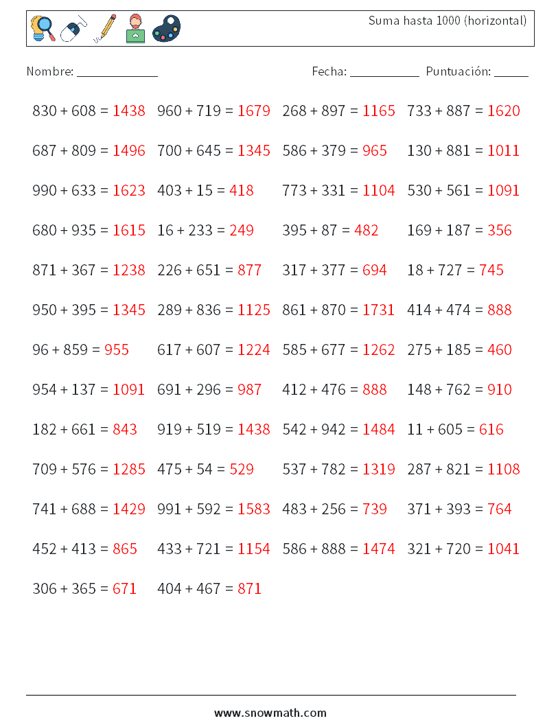 (50) Suma hasta 1000 (horizontal) Hojas de trabajo de matemáticas 4 Pregunta, respuesta