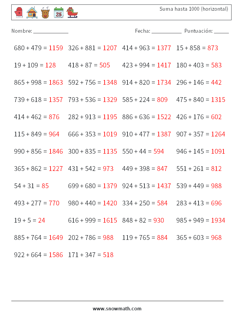 (50) Suma hasta 1000 (horizontal) Hojas de trabajo de matemáticas 5 Pregunta, respuesta