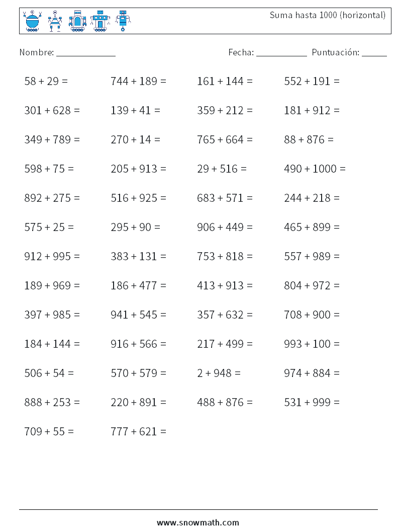 (50) Suma hasta 1000 (horizontal) Hojas de trabajo de matemáticas 6