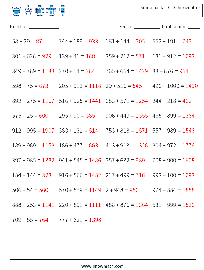 (50) Suma hasta 1000 (horizontal) Hojas de trabajo de matemáticas 6 Pregunta, respuesta