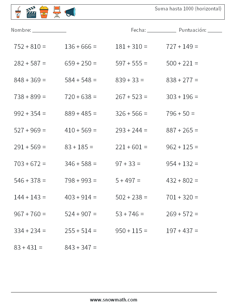 (50) Suma hasta 1000 (horizontal) Hojas de trabajo de matemáticas 7