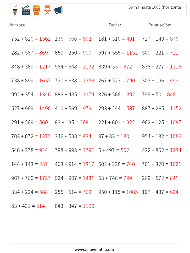 (50) Suma hasta 1000 (horizontal) Hojas de trabajo de matemáticas 7 Pregunta, respuesta