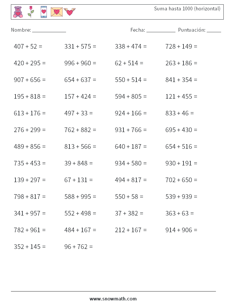(50) Suma hasta 1000 (horizontal) Hojas de trabajo de matemáticas 8