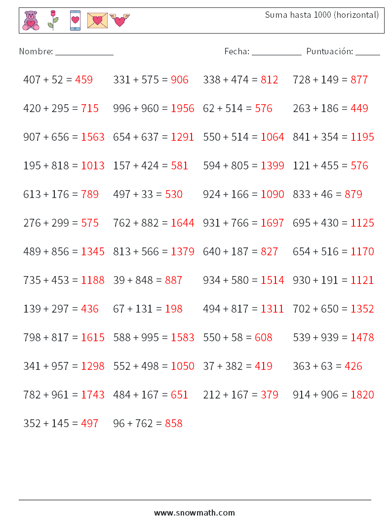 (50) Suma hasta 1000 (horizontal) Hojas de trabajo de matemáticas 8 Pregunta, respuesta