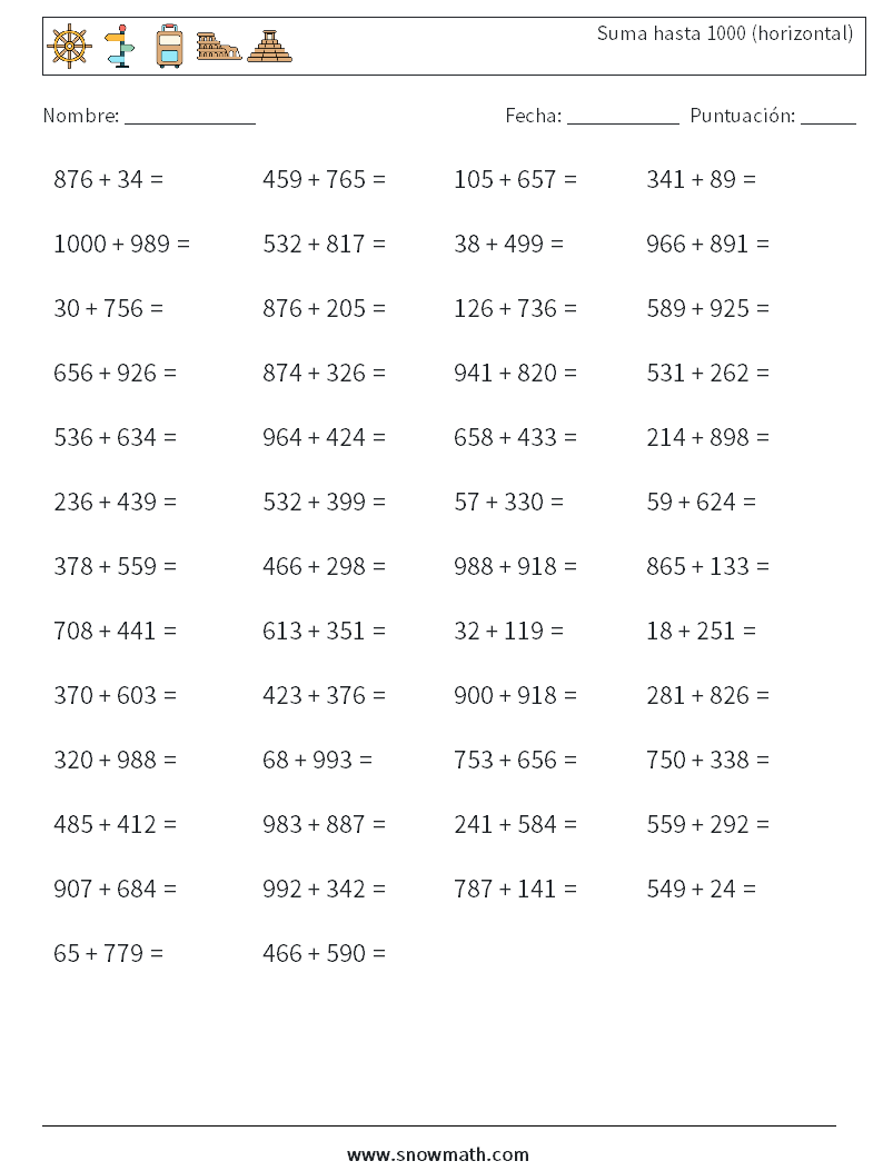 (50) Suma hasta 1000 (horizontal) Hojas de trabajo de matemáticas 9