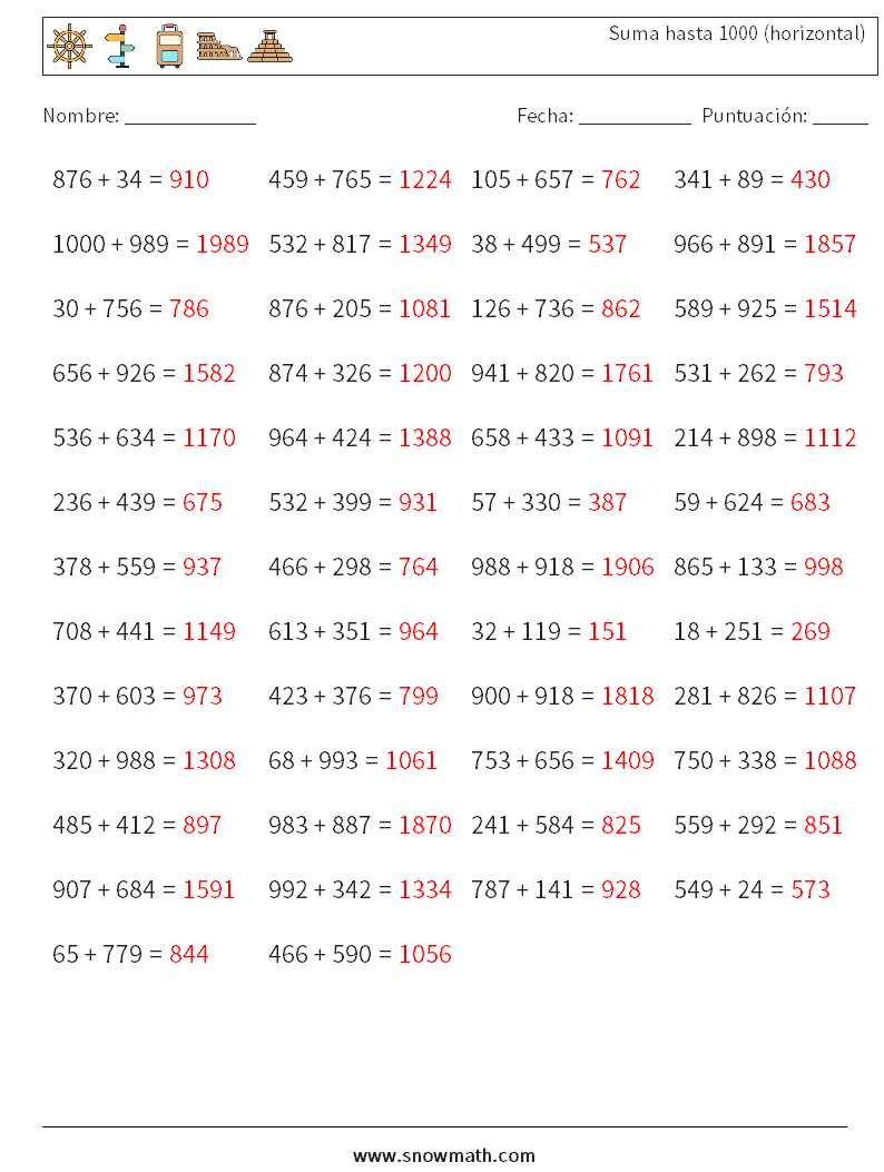 (50) Suma hasta 1000 (horizontal) Hojas de trabajo de matemáticas 9 Pregunta, respuesta