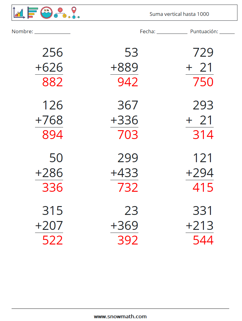 (12) Suma vertical hasta 1000 Hojas de trabajo de matemáticas 11 Pregunta, respuesta