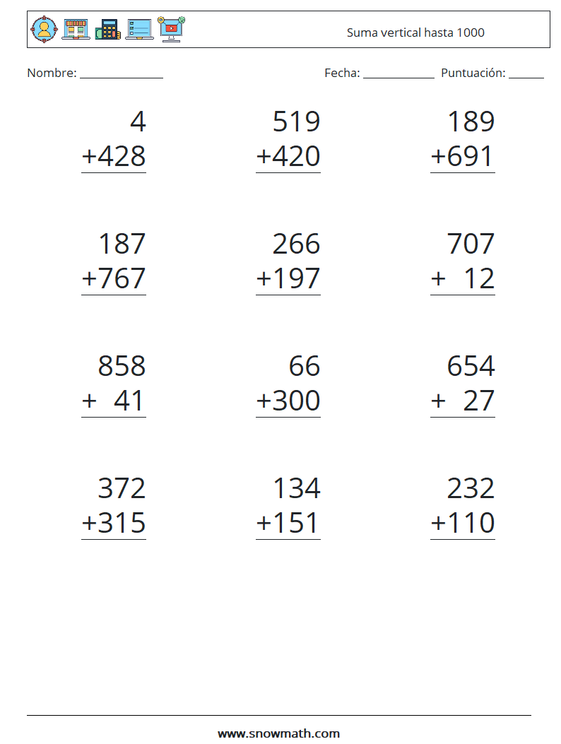 (12) Suma vertical hasta 1000 Hojas de trabajo de matemáticas 15