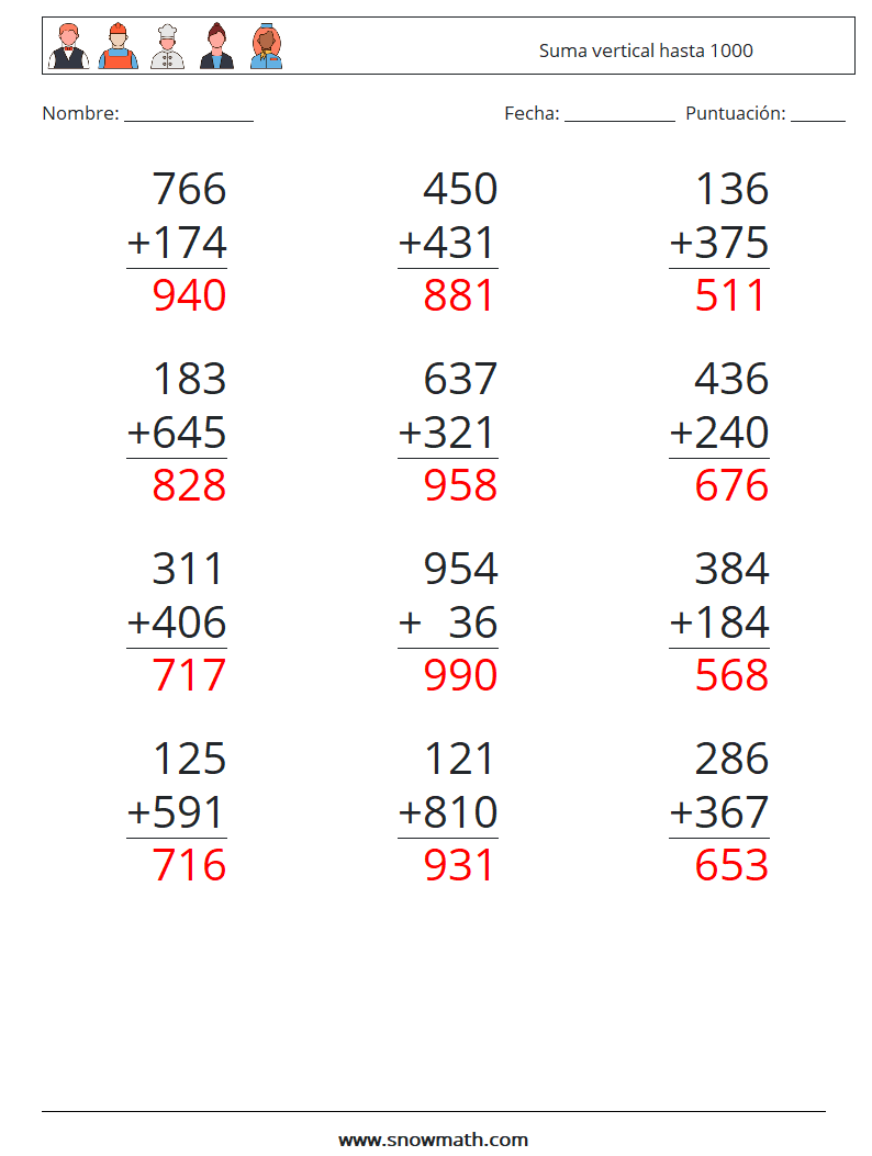 (12) Suma vertical hasta 1000 Hojas de trabajo de matemáticas 18 Pregunta, respuesta