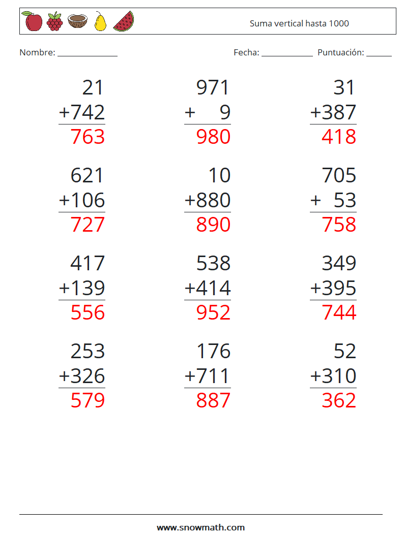 (12) Suma vertical hasta 1000 Hojas de trabajo de matemáticas 2 Pregunta, respuesta