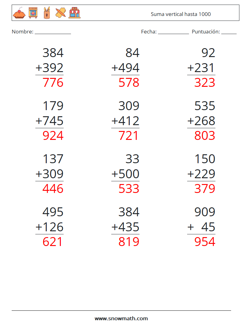 (12) Suma vertical hasta 1000 Hojas de trabajo de matemáticas 3 Pregunta, respuesta