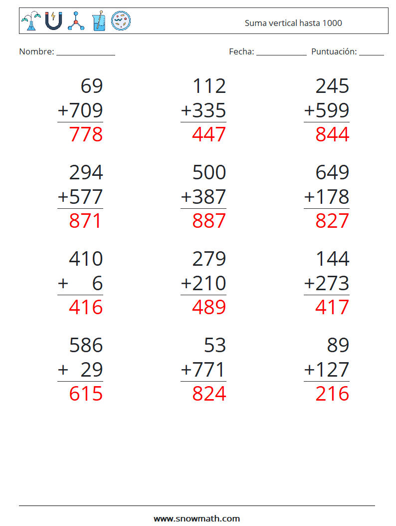 (12) Suma vertical hasta 1000 Hojas de trabajo de matemáticas 4 Pregunta, respuesta