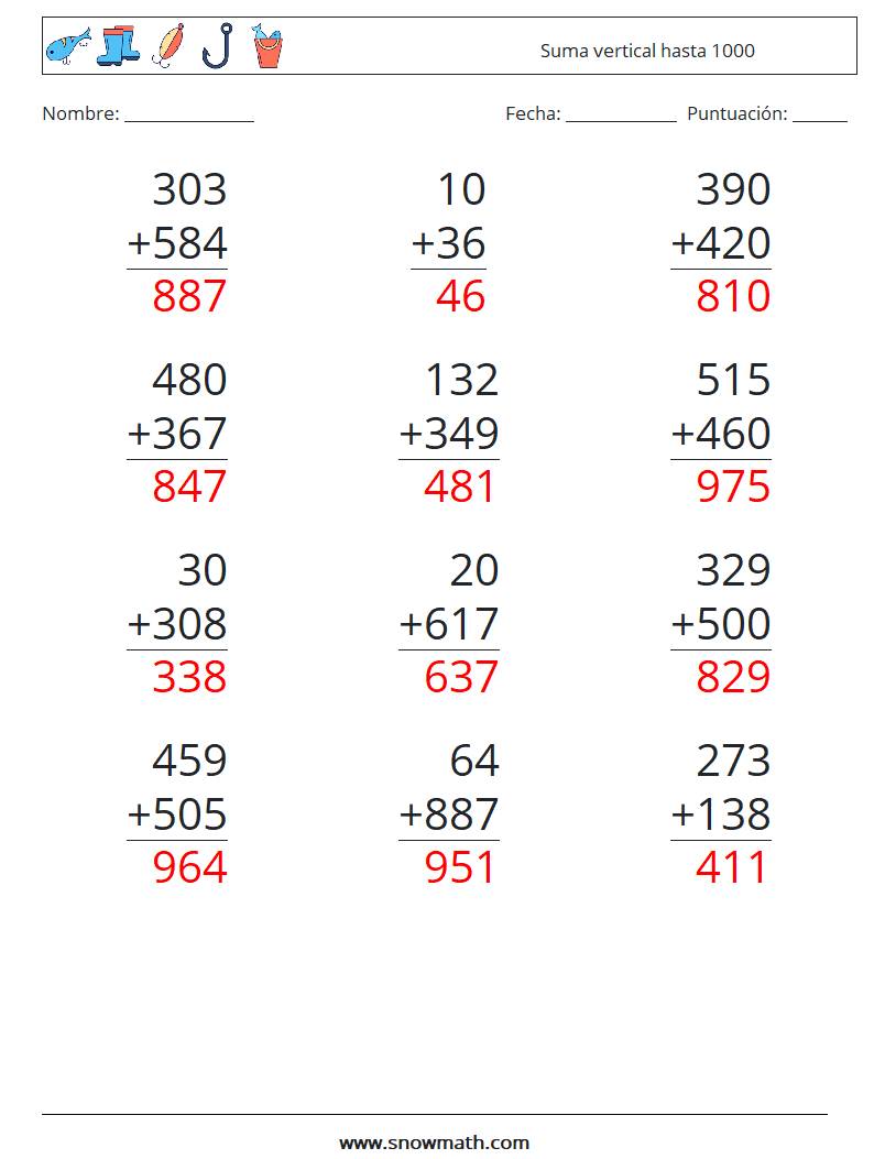 (12) Suma vertical hasta 1000 Hojas de trabajo de matemáticas 5 Pregunta, respuesta