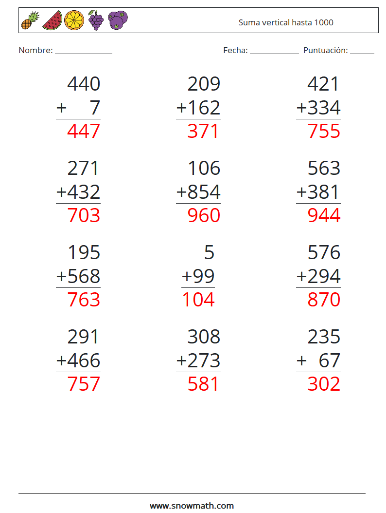 (12) Suma vertical hasta 1000 Hojas de trabajo de matemáticas 6 Pregunta, respuesta