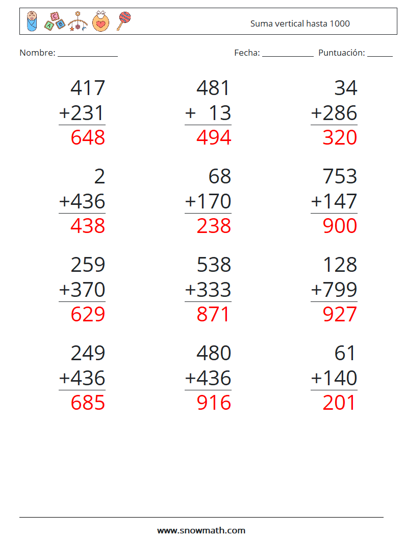 (12) Suma vertical hasta 1000 Hojas de trabajo de matemáticas 7 Pregunta, respuesta