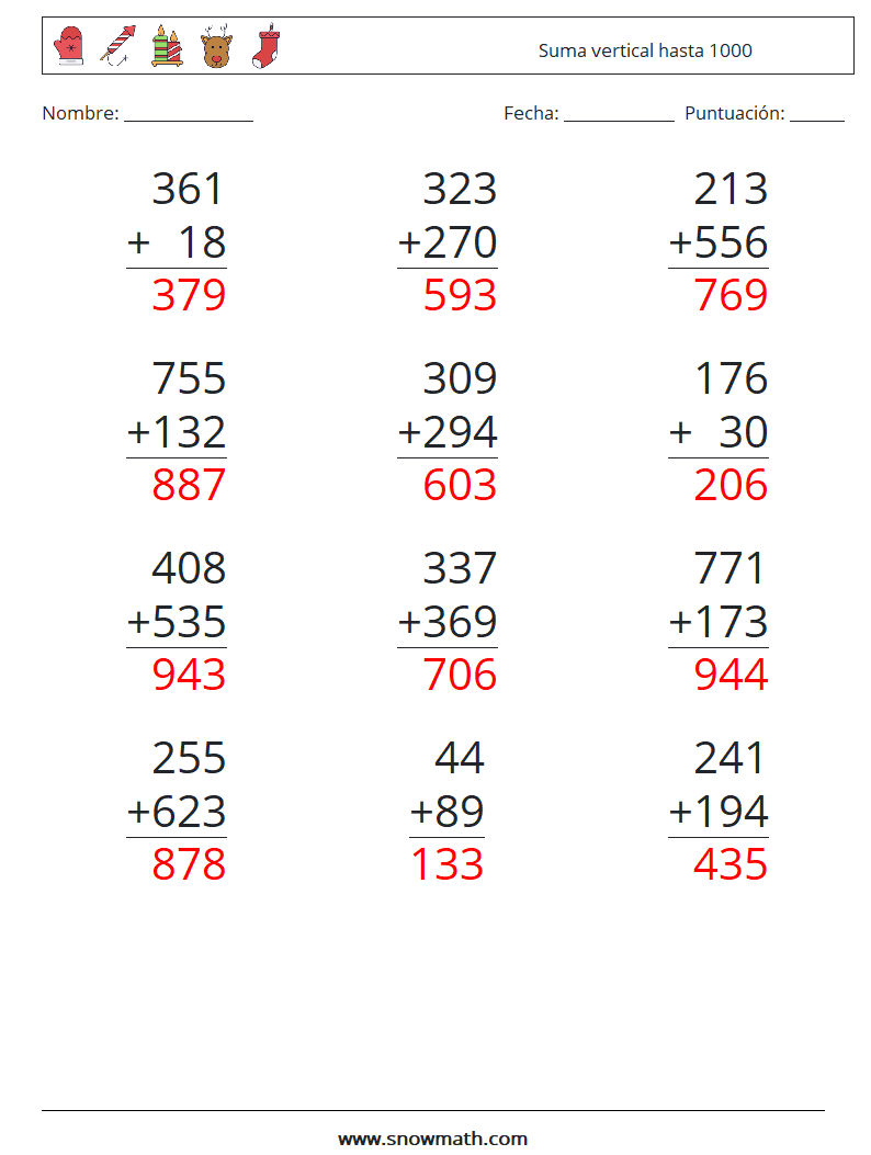 (12) Suma vertical hasta 1000 Hojas de trabajo de matemáticas 8 Pregunta, respuesta