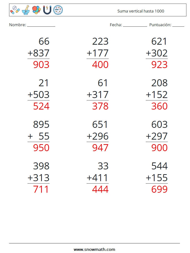 (12) Suma vertical hasta 1000 Hojas de trabajo de matemáticas 9 Pregunta, respuesta