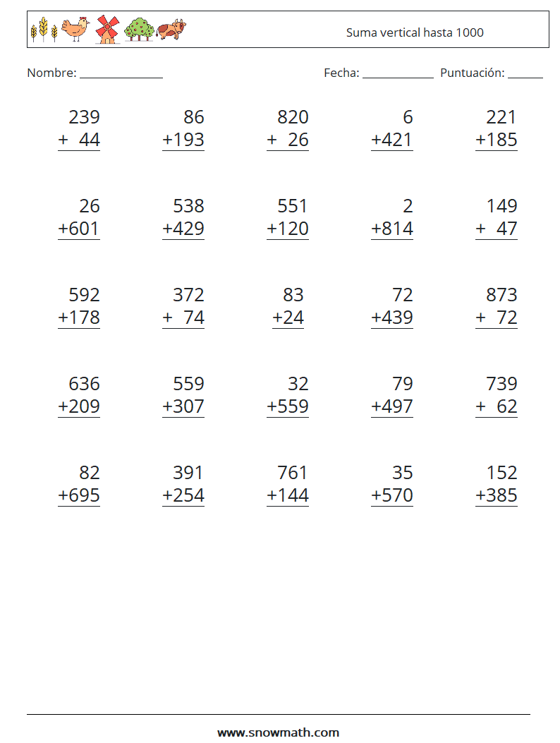 (25) Suma vertical hasta 1000 Hojas de trabajo de matemáticas 1