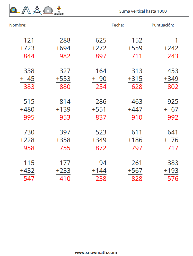 (25) Suma vertical hasta 1000 Hojas de trabajo de matemáticas 10 Pregunta, respuesta