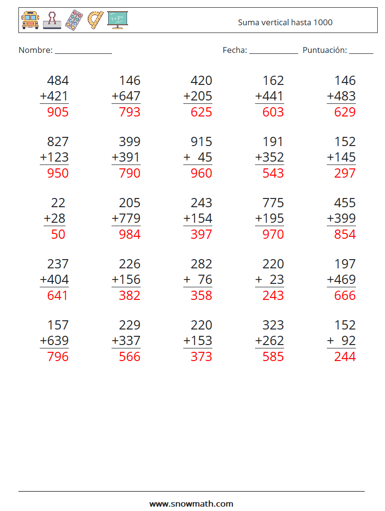 (25) Suma vertical hasta 1000 Hojas de trabajo de matemáticas 11 Pregunta, respuesta