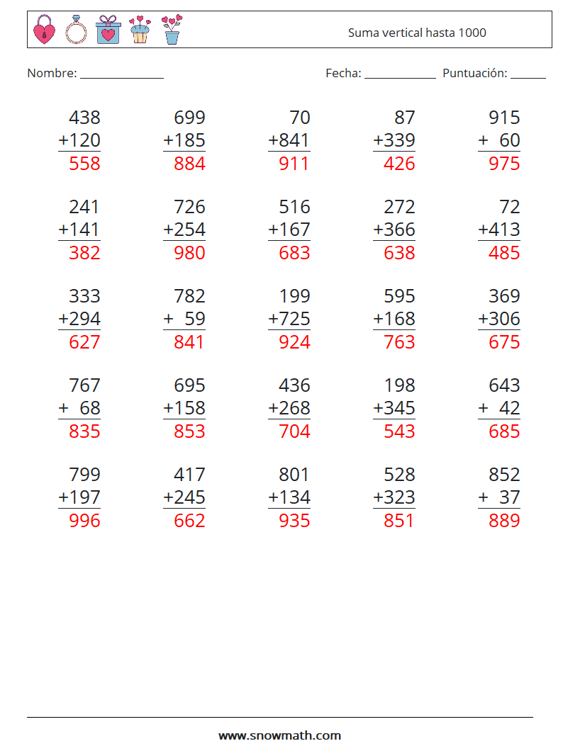 (25) Suma vertical hasta 1000 Hojas de trabajo de matemáticas 12 Pregunta, respuesta