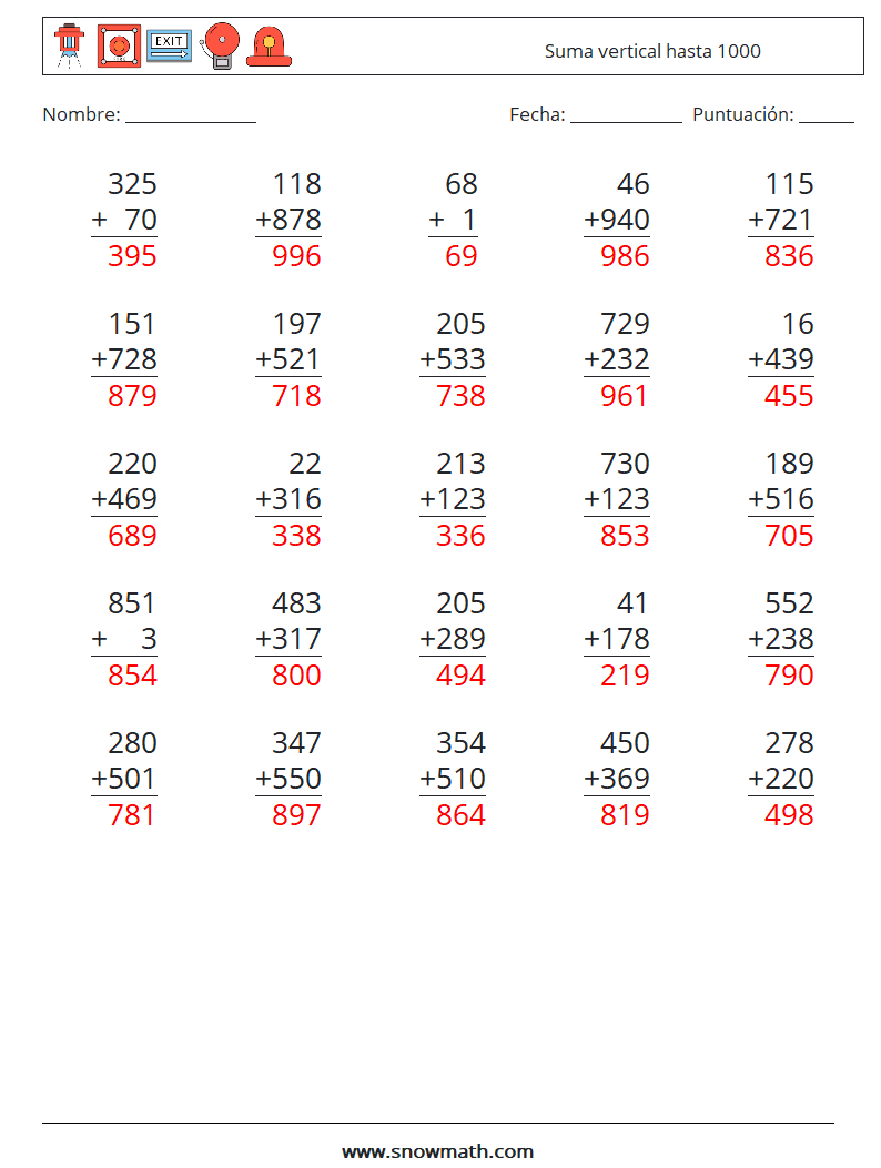 (25) Suma vertical hasta 1000 Hojas de trabajo de matemáticas 13 Pregunta, respuesta