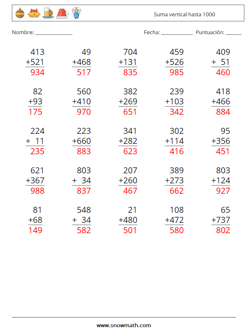 (25) Suma vertical hasta 1000 Hojas de trabajo de matemáticas 15 Pregunta, respuesta