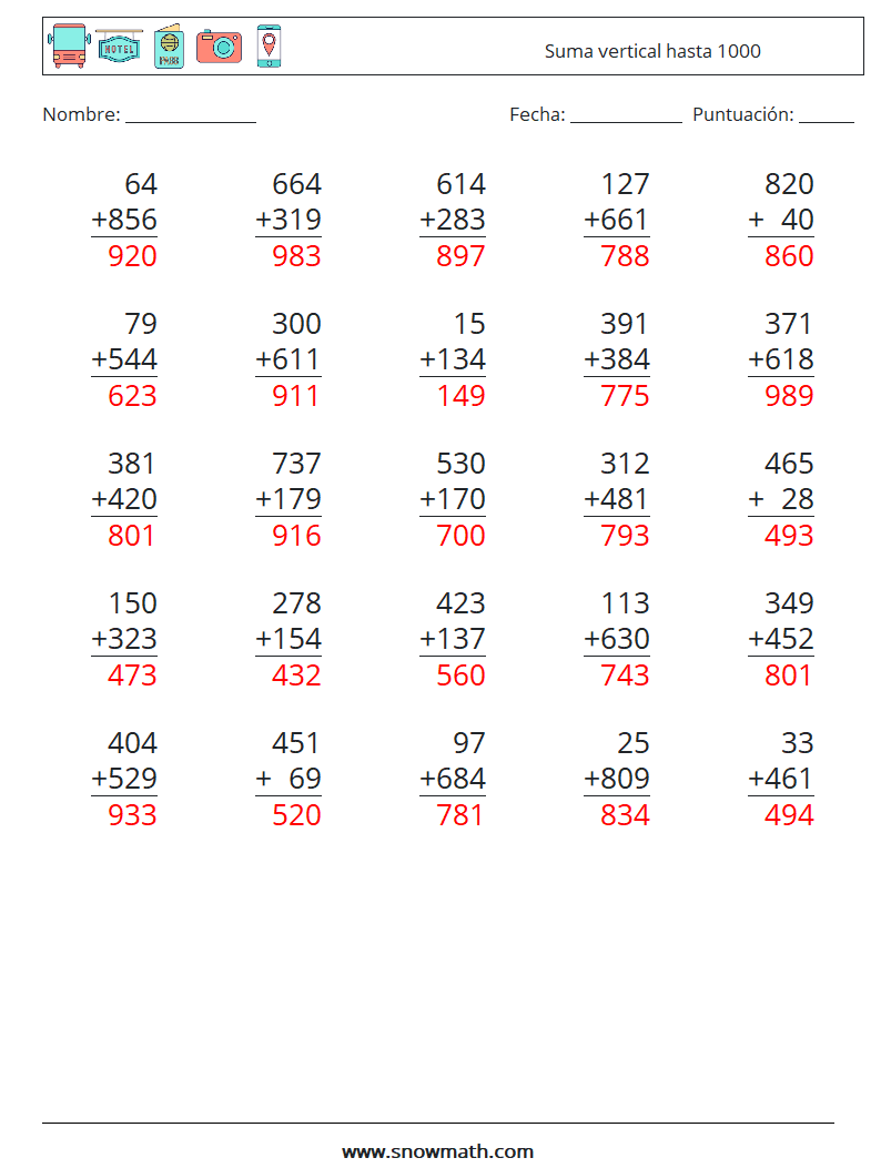 (25) Suma vertical hasta 1000 Hojas de trabajo de matemáticas 16 Pregunta, respuesta