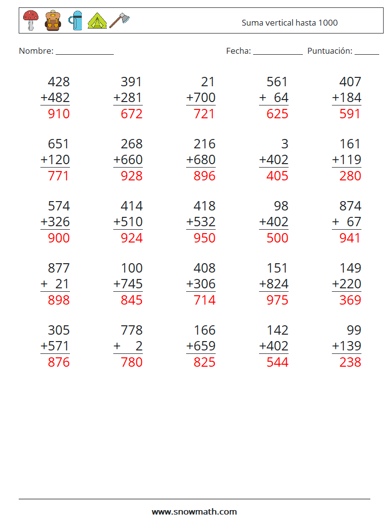 (25) Suma vertical hasta 1000 Hojas de trabajo de matemáticas 17 Pregunta, respuesta