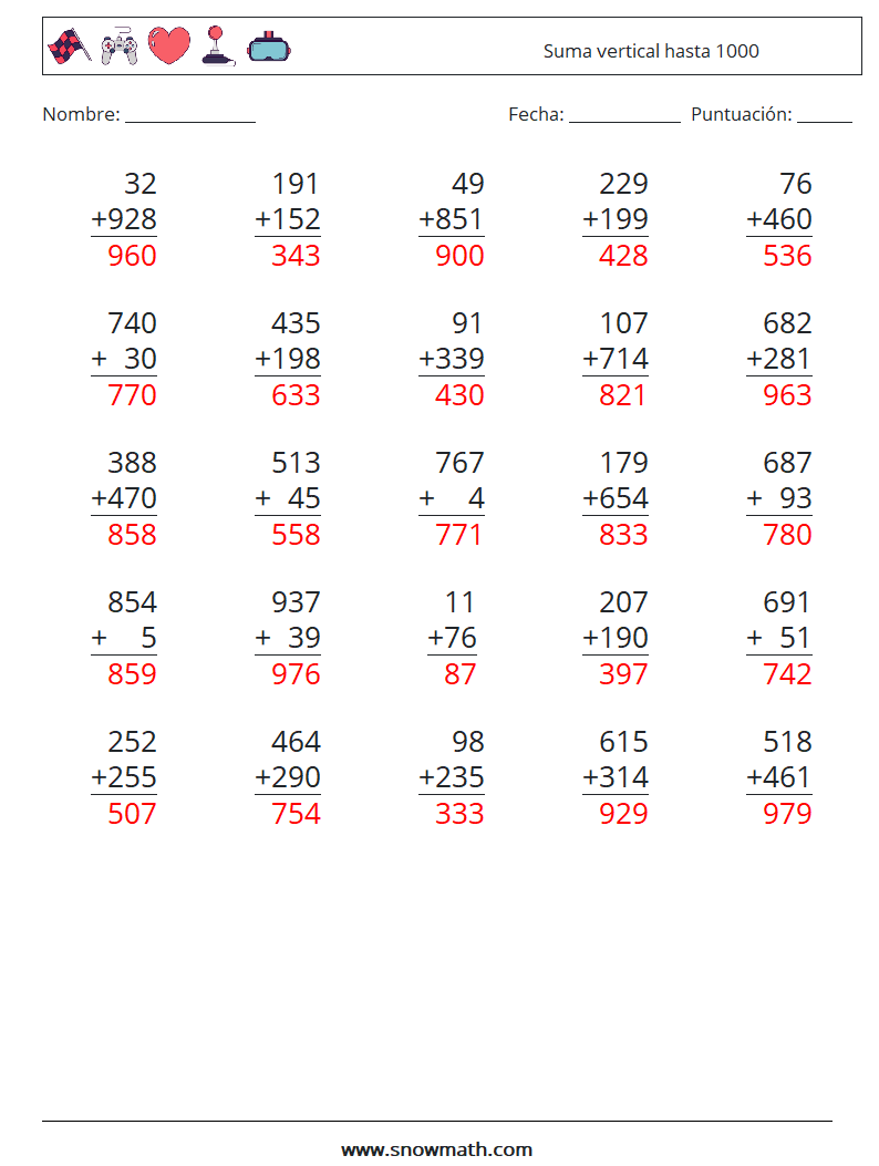 (25) Suma vertical hasta 1000 Hojas de trabajo de matemáticas 18 Pregunta, respuesta