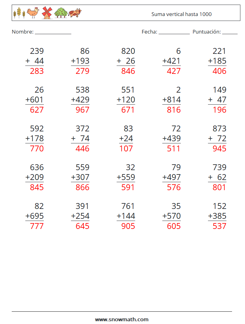 (25) Suma vertical hasta 1000 Hojas de trabajo de matemáticas 1 Pregunta, respuesta