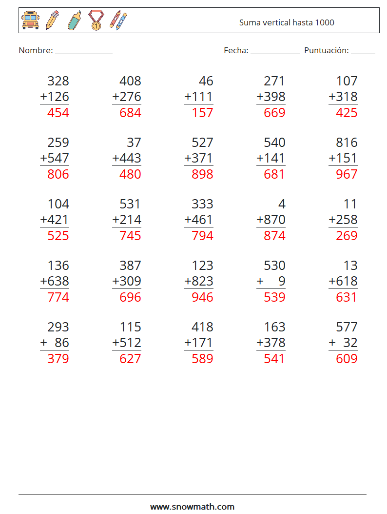 (25) Suma vertical hasta 1000 Hojas de trabajo de matemáticas 2 Pregunta, respuesta