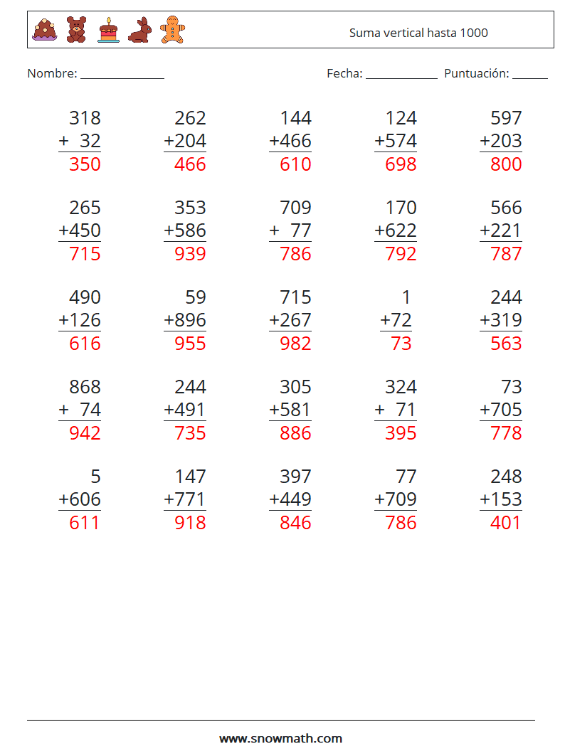 (25) Suma vertical hasta 1000 Hojas de trabajo de matemáticas 3 Pregunta, respuesta