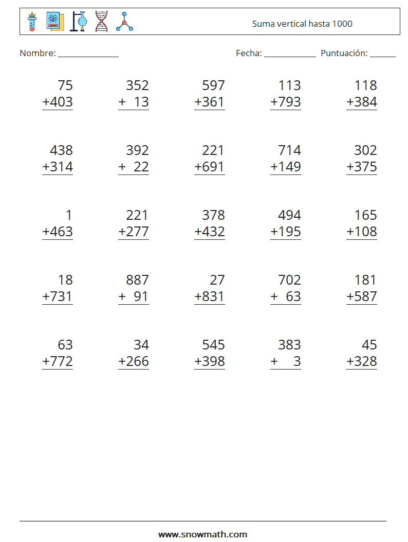 (25) Suma vertical hasta 1000 Hojas de trabajo de matemáticas 4