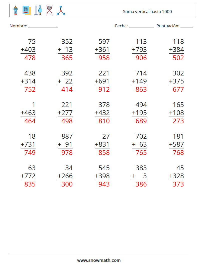 (25) Suma vertical hasta 1000 Hojas de trabajo de matemáticas 4 Pregunta, respuesta