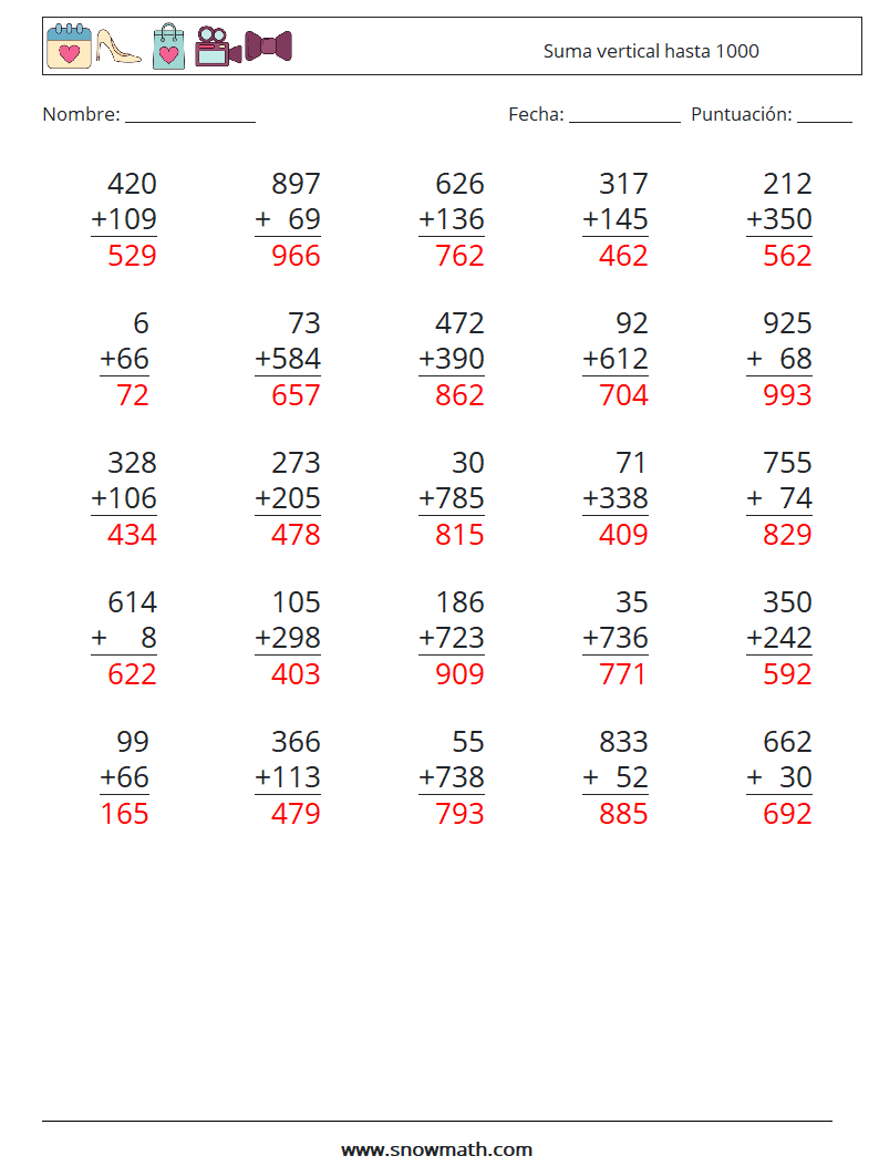 (25) Suma vertical hasta 1000 Hojas de trabajo de matemáticas 5 Pregunta, respuesta