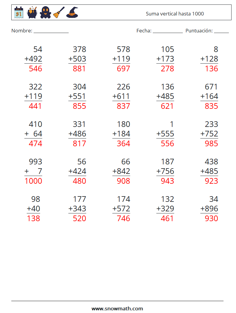 (25) Suma vertical hasta 1000 Hojas de trabajo de matemáticas 6 Pregunta, respuesta