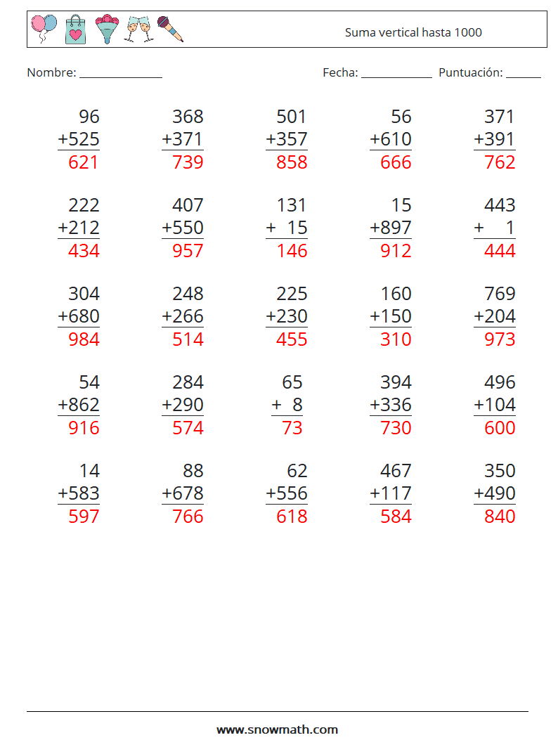 (25) Suma vertical hasta 1000 Hojas de trabajo de matemáticas 7 Pregunta, respuesta