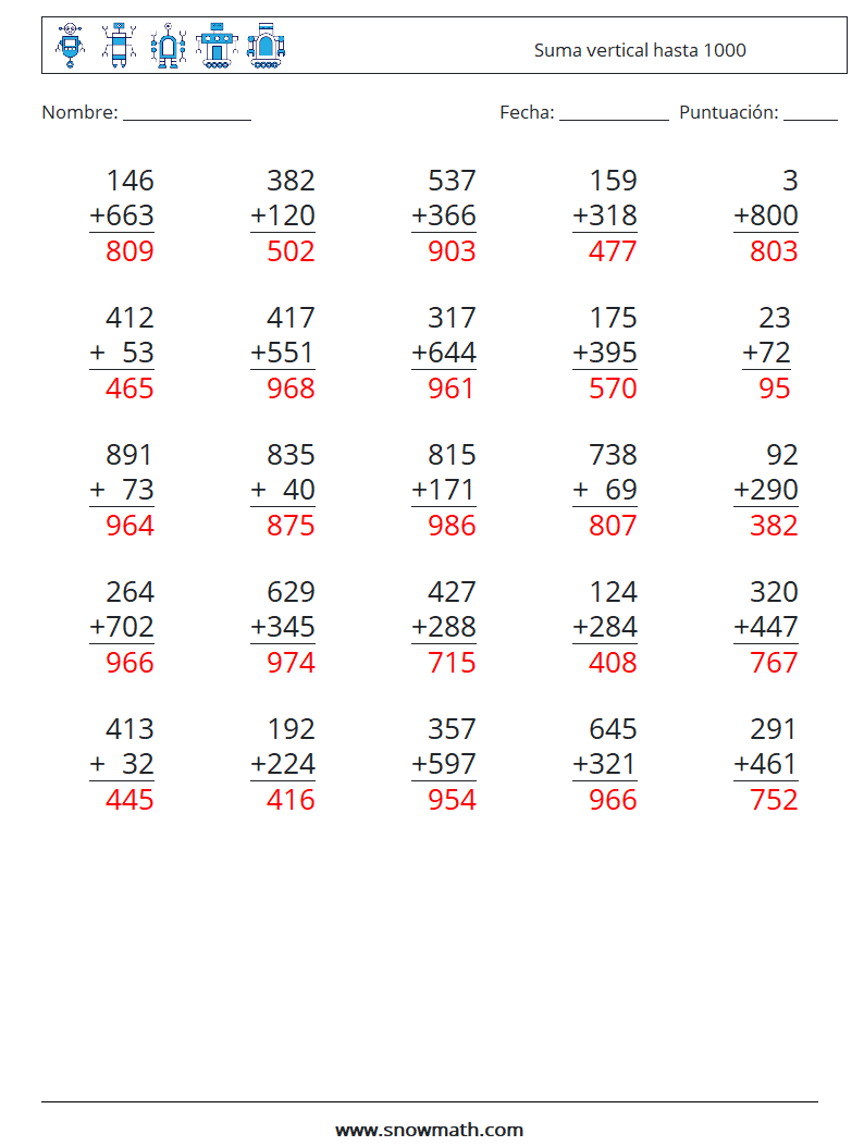 (25) Suma vertical hasta 1000 Hojas de trabajo de matemáticas 8 Pregunta, respuesta