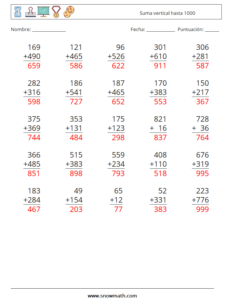 (25) Suma vertical hasta 1000 Hojas de trabajo de matemáticas 9 Pregunta, respuesta