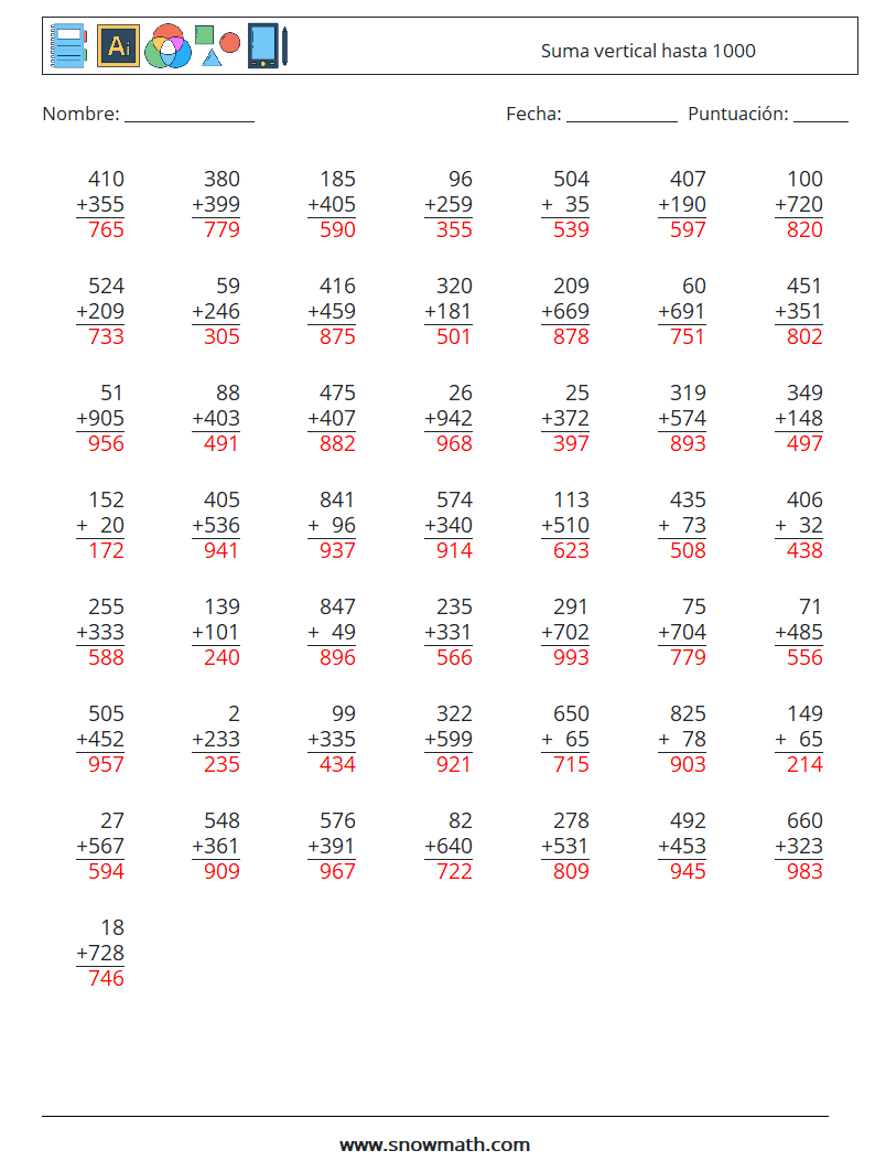 (50) Suma vertical hasta 1000 Hojas de trabajo de matemáticas 14 Pregunta, respuesta