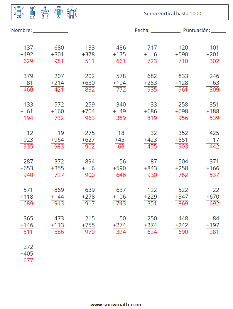 (50) Suma vertical hasta 1000 Hojas de trabajo de matemáticas 16 Pregunta, respuesta